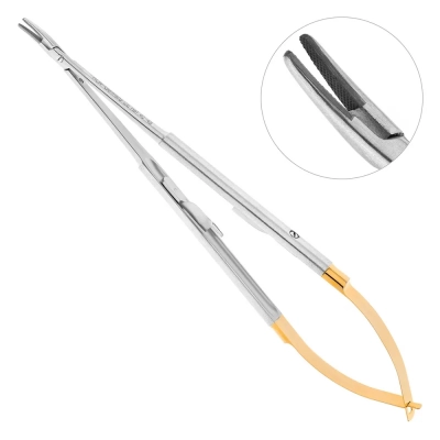 Иглодержатель микрохирургический изогнутый Micro-Nadelhalter TC, карбит вольфрамовые вставки, 18 см, 40-46*