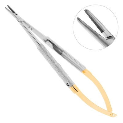 Иглодержатель микрохирургический прямой Castroviejo-Gomel TC, карбит вольфрамовые вставки, 14 см, 20-19*