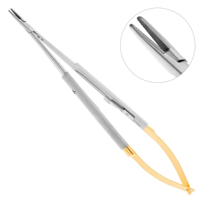 Иглодержатель микрохирургический прямой Castroviejo-Gomel TC, карбит вольфрамовые вставки, 18 см, 20-20*